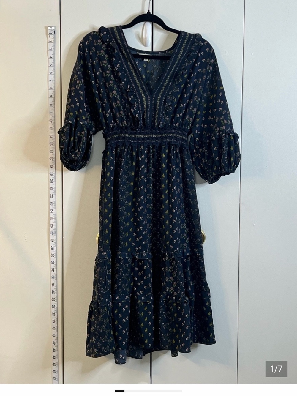 Max Studio Floral Midi Dress Large Boho Prairie Ruffle Smocked Waist